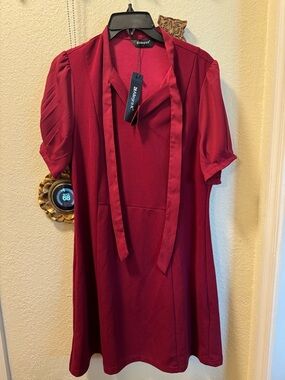 Allegra K Burgundy Tie-Neck Mini Dress
